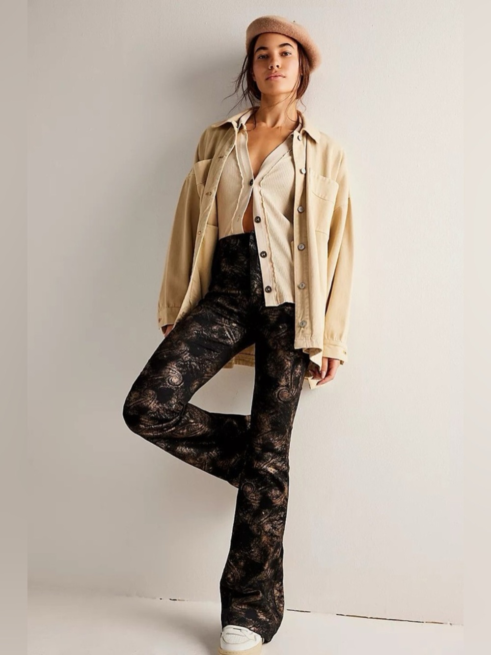 NWT Free People We The Free Jayde Printed Metallic Flare Jeans Sz 24